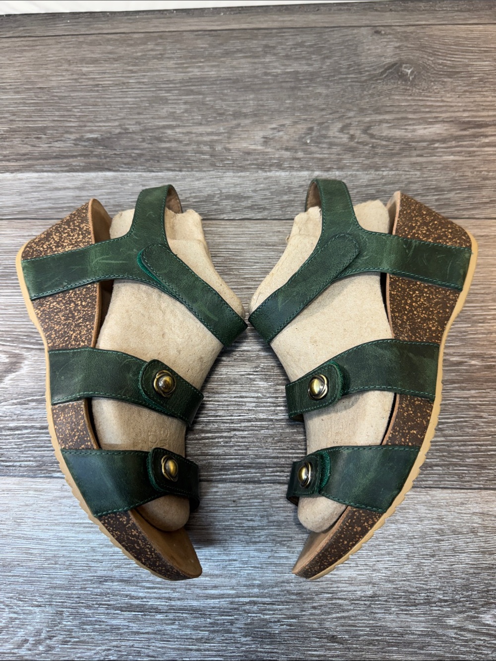 Dansko Green Leather Cork Wedge Sandals Sz 40 (j293)